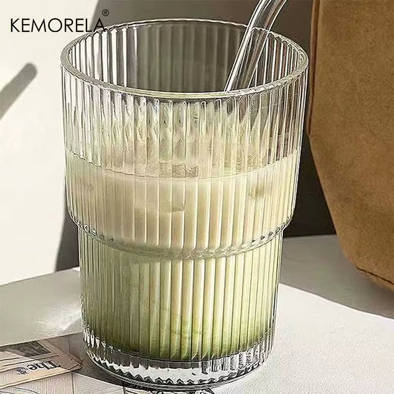 380ml Stripe Glass Cup with Lid and Straw - Transparent Drinkware for Ice Coffee, Tea, Juice, Milk, and Water (Set of 1 or 2)