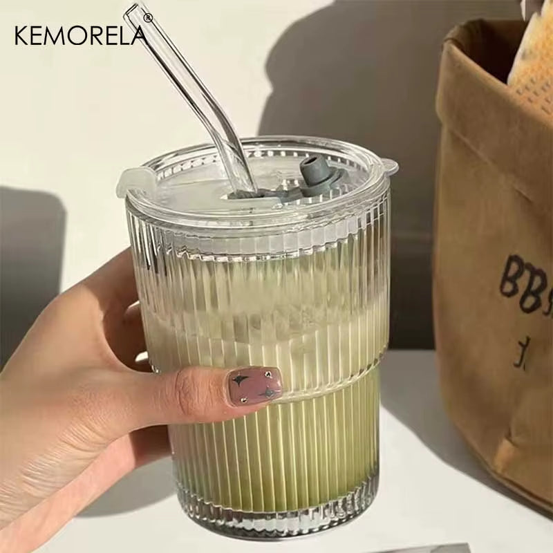 380ml Stripe Glass Cup with Lid and Straw - Transparent Drinkware for Ice Coffee, Tea, Juice, Milk, and Water (Set of 1 or 2)