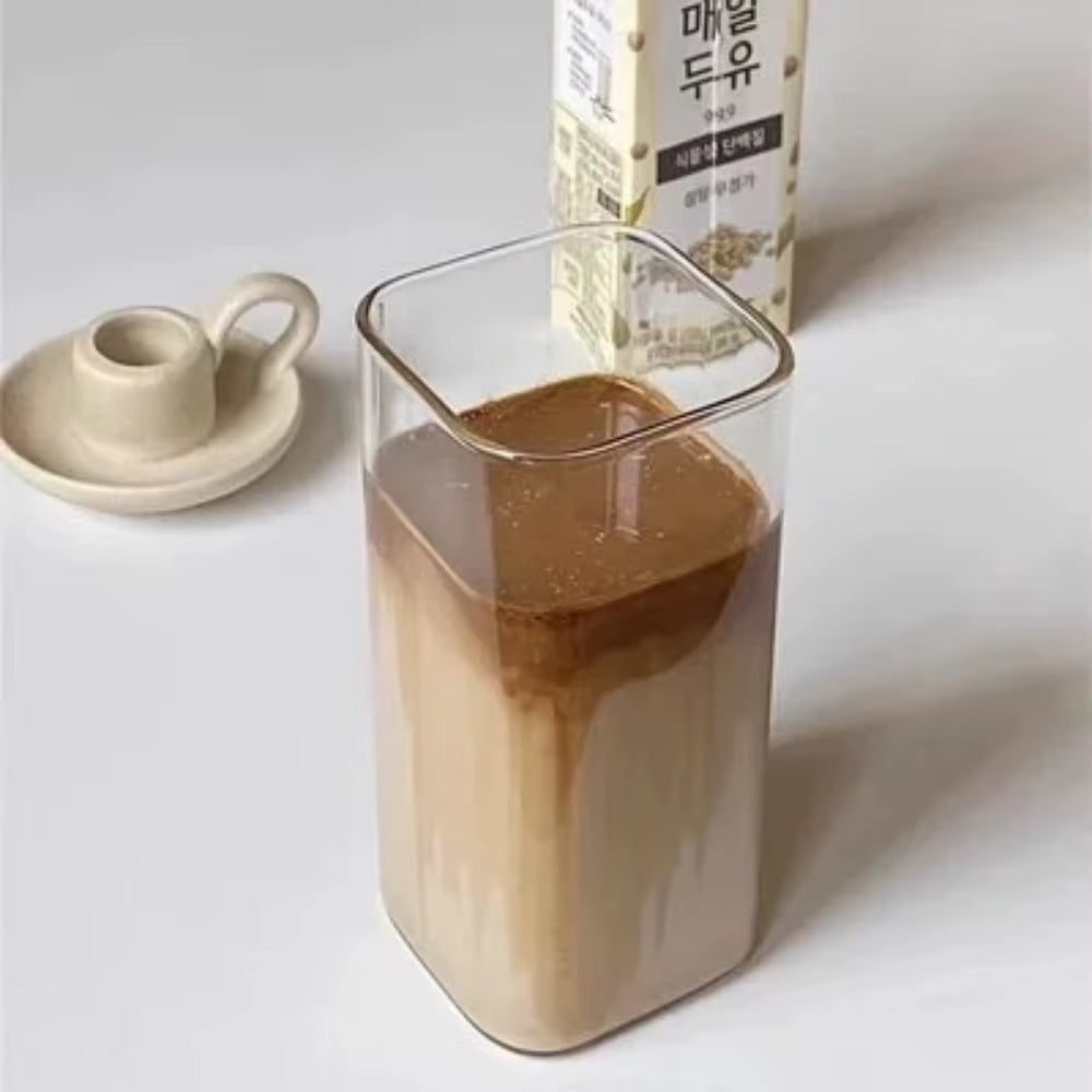 Square Heat-Resistant Transparent Glass Coffee Cup with Lid and Straw - Ideal for Milk Tea, Juice, and Home Bar Drinkware
