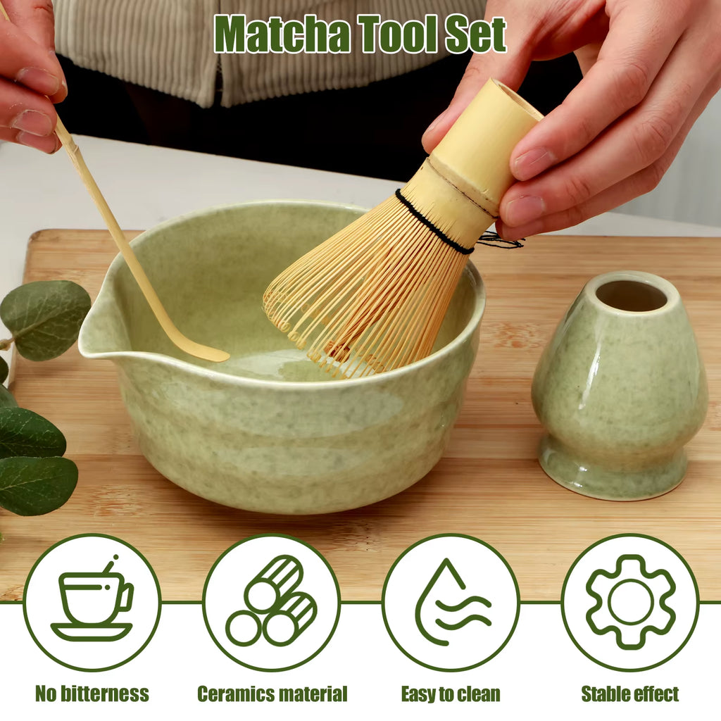 4Pcs Japanese Matcha Set with Ceramic Bowl Bamboo Matcha Whisk and Tea Scoop for Tea Lovers Gifts Tea-Making Tools Accessories