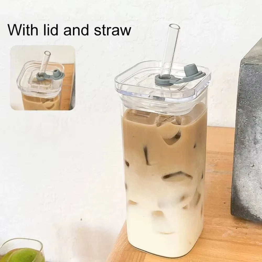 Square Heat-Resistant Transparent Glass Coffee Cup with Lid and Straw - Ideal for Milk Tea, Juice, and Home Bar Drinkware