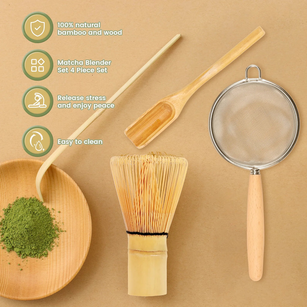 4Pcs Matcha Whisk Set Portable Matcha Tea Set Reusable Japanese Whisk Set Handmade Wood Matcha Whisk Tea Scoop Matcha Scoop Stainless Steel Tea Strainer for Tea Lovers Beginners
