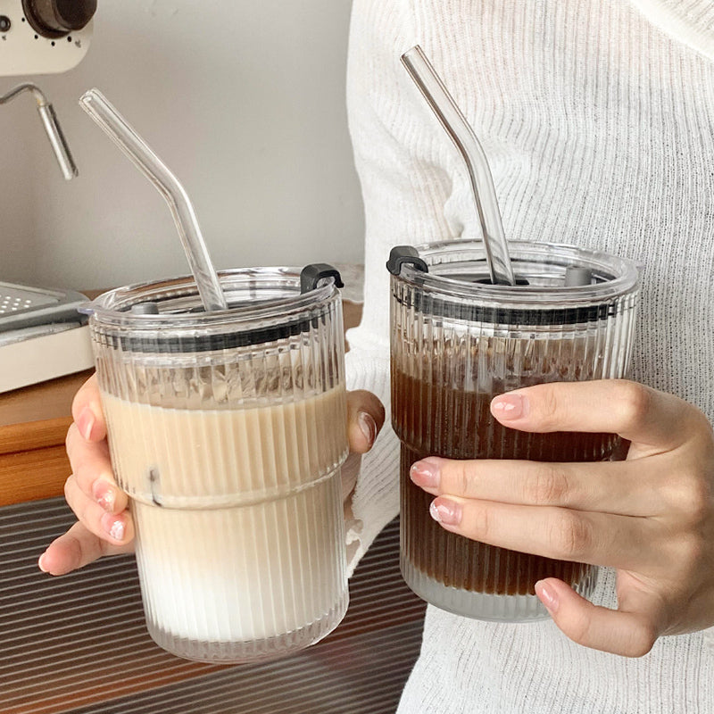 Wind Stripe Glass Coffee Mug with Straw and Lid