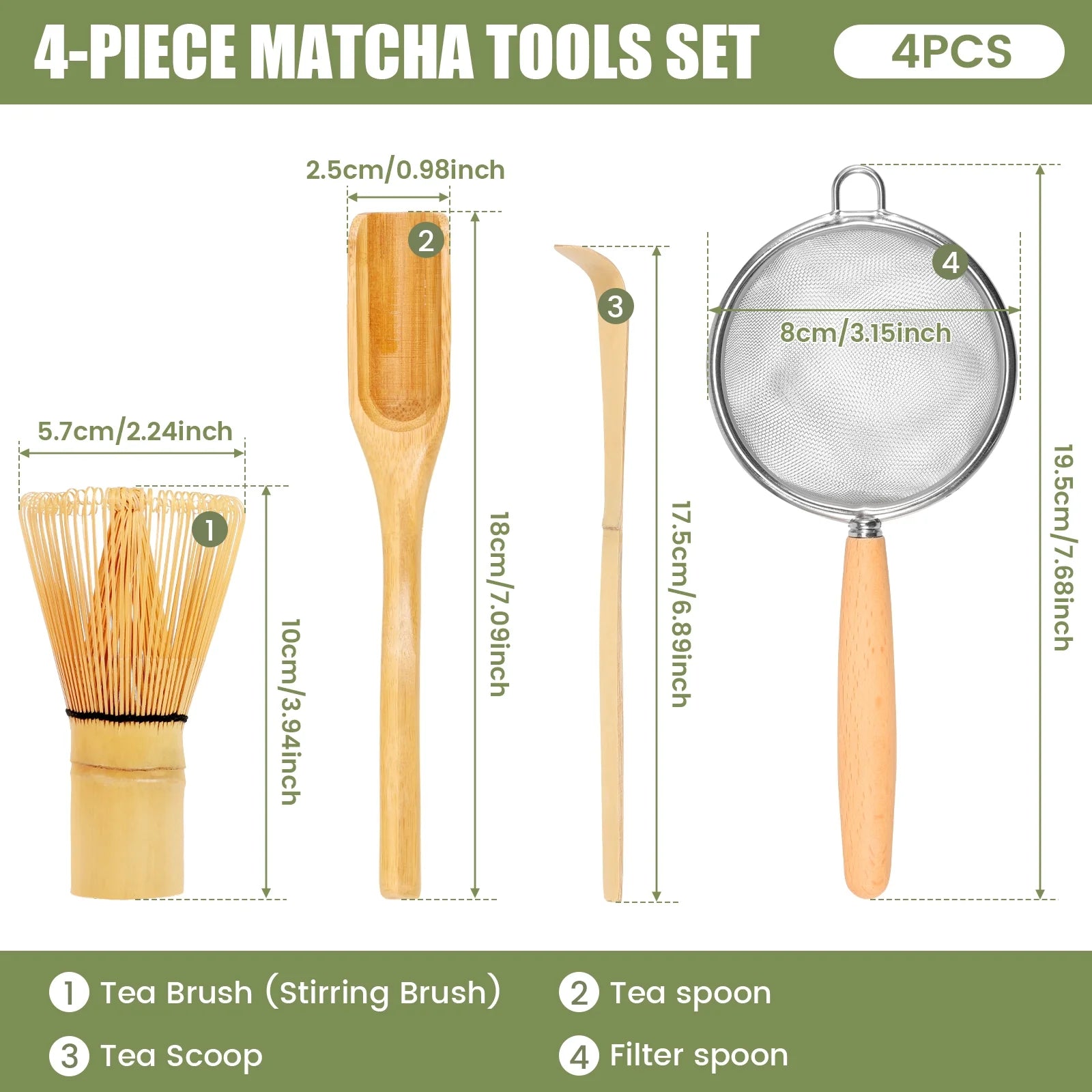 4Pcs Matcha Whisk Set Portable Matcha Tea Set Reusable Japanese Whisk Set Handmade Wood Matcha Whisk Tea Scoop Matcha Scoop Stainless Steel Tea Strainer for Tea Lovers Beginners