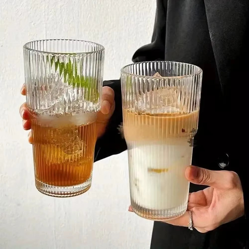 600ml Transparent Stripe Glass Cup with Lid and Straw - Ideal for Juice, Water, and Iced Coffee