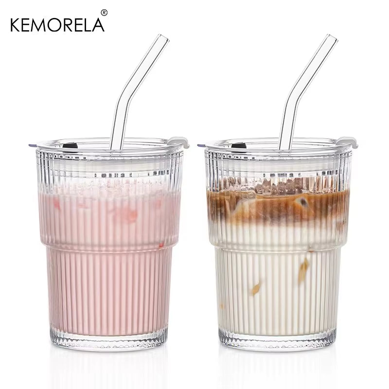 380ml Stripe Glass Cup with Lid and Straw - Transparent Drinkware for Ice Coffee, Tea, Juice, Milk, and Water (Set of 1 or 2)