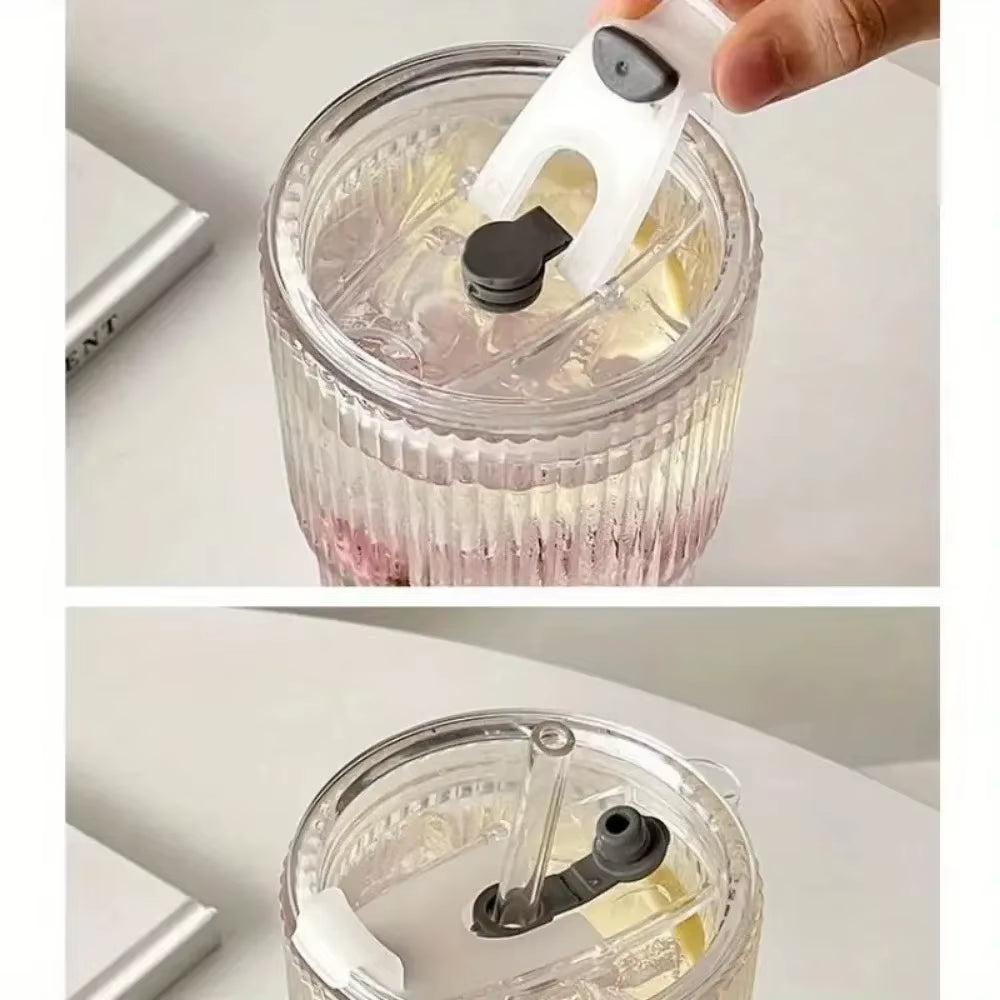 600ml Transparent Stripe Glass Cup with Lid and Straw - Ideal for Juice, Water, and Iced Coffee