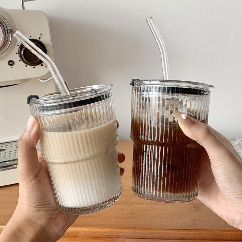 Wind Stripe Glass Coffee Mug with Straw and Lid
