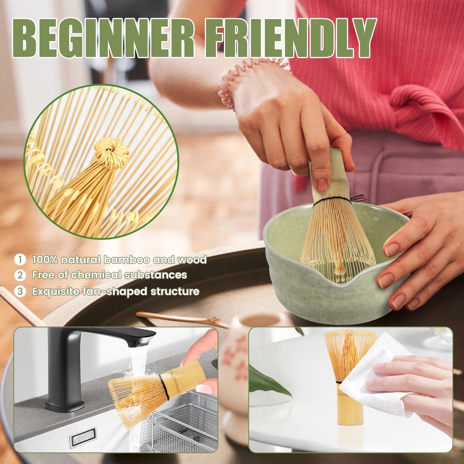 4Pcs Matcha Whisk Set Portable Matcha Tea Set Reusable Japanese Whisk Set Handmade Wood Matcha Whisk Tea Scoop Matcha Scoop Stainless Steel Tea Strainer for Tea Lovers Beginners