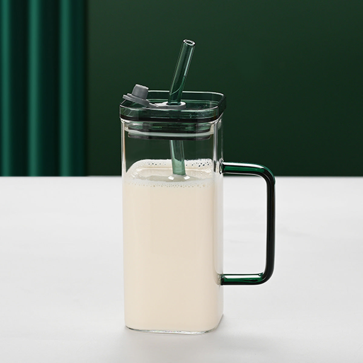 Green Glass Straw Cup - Set of 6 Colorful Square High Borosilicate Glass Cups with Straw and Lid for Milk, Juice, Cold Drinks, Coffee, Tea, and Office Use - Ideal Gift Option