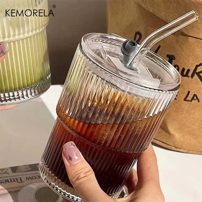380ml Stripe Glass Cup with Lid and Straw - Transparent Drinkware for Ice Coffee, Tea, Juice, Milk, and Water (Set of 1 or 2)