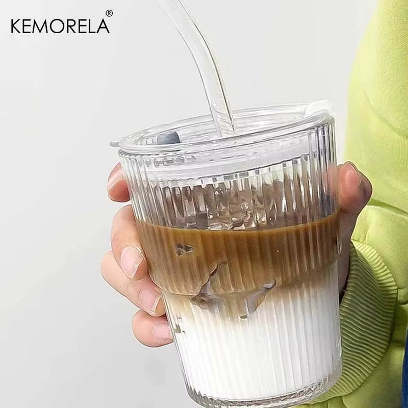 380ml Stripe Glass Cup with Lid and Straw - Transparent Drinkware for Ice Coffee, Tea, Juice, Milk, and Water (Set of 1 or 2)