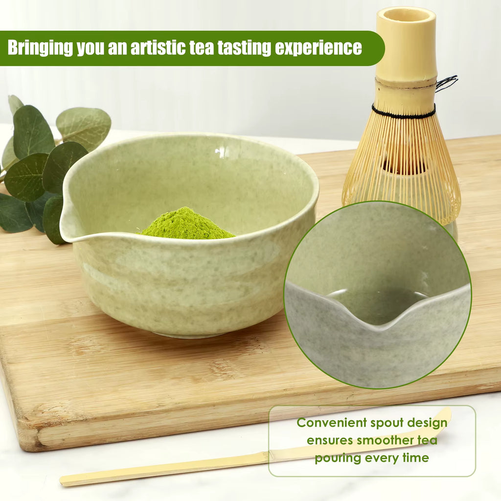 4Pcs Japanese Matcha Set with Ceramic Bowl Bamboo Matcha Whisk and Tea Scoop for Tea Lovers Gifts Tea-Making Tools Accessories