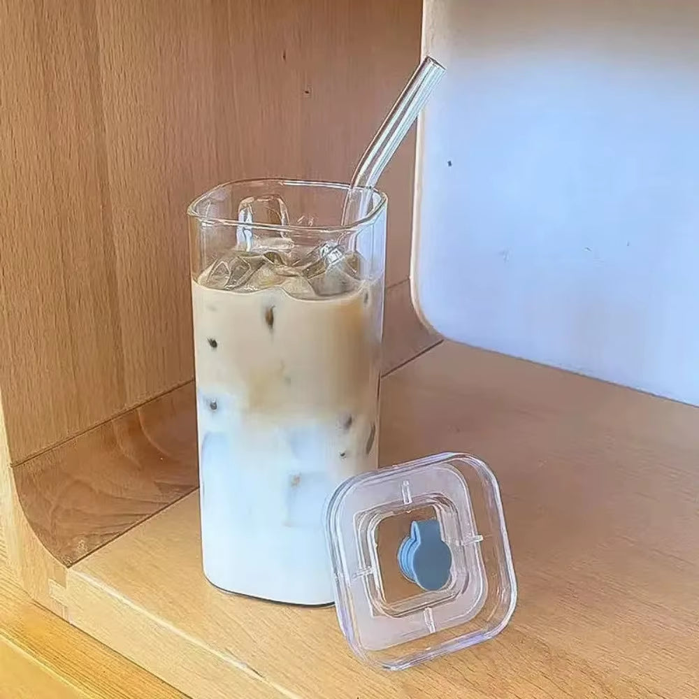 Square Heat-Resistant Transparent Glass Coffee Cup with Lid and Straw - Ideal for Milk Tea, Juice, and Home Bar Drinkware