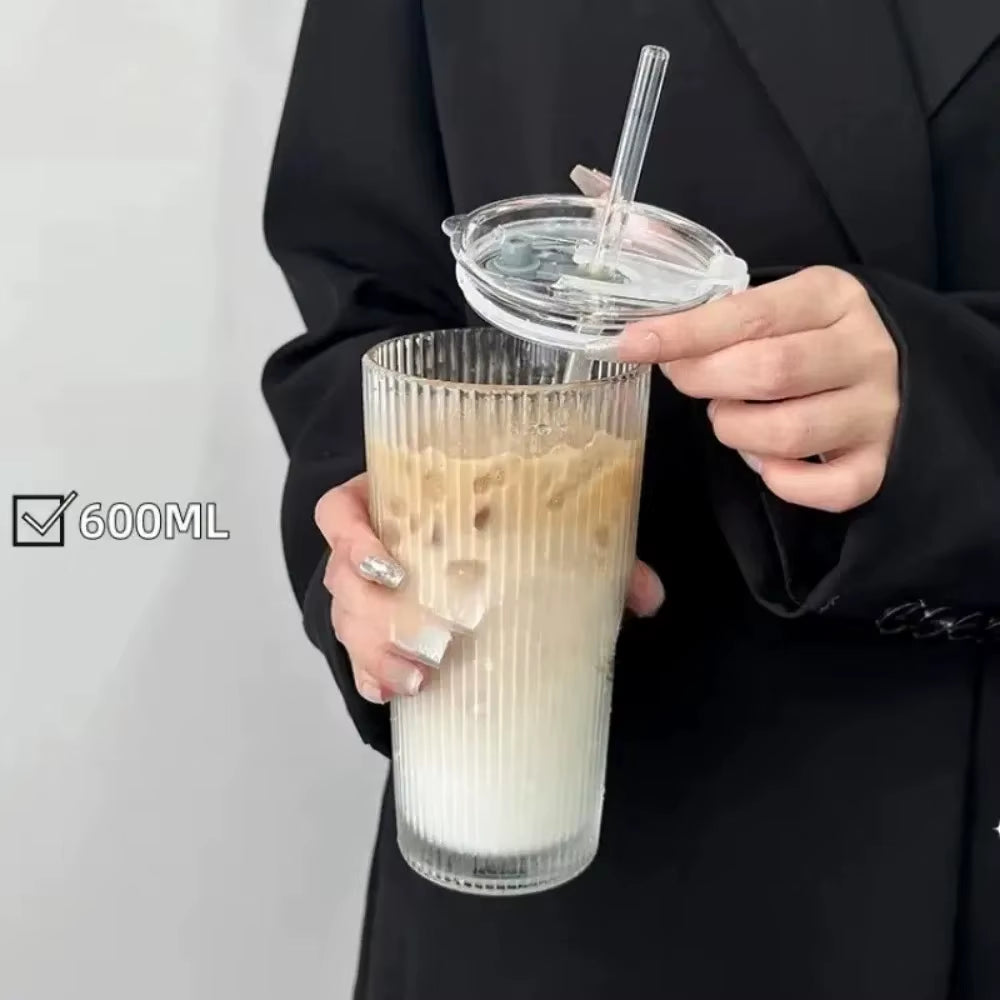 600ml Transparent Stripe Glass Cup with Lid and Straw - Ideal for Juice, Water, and Iced Coffee