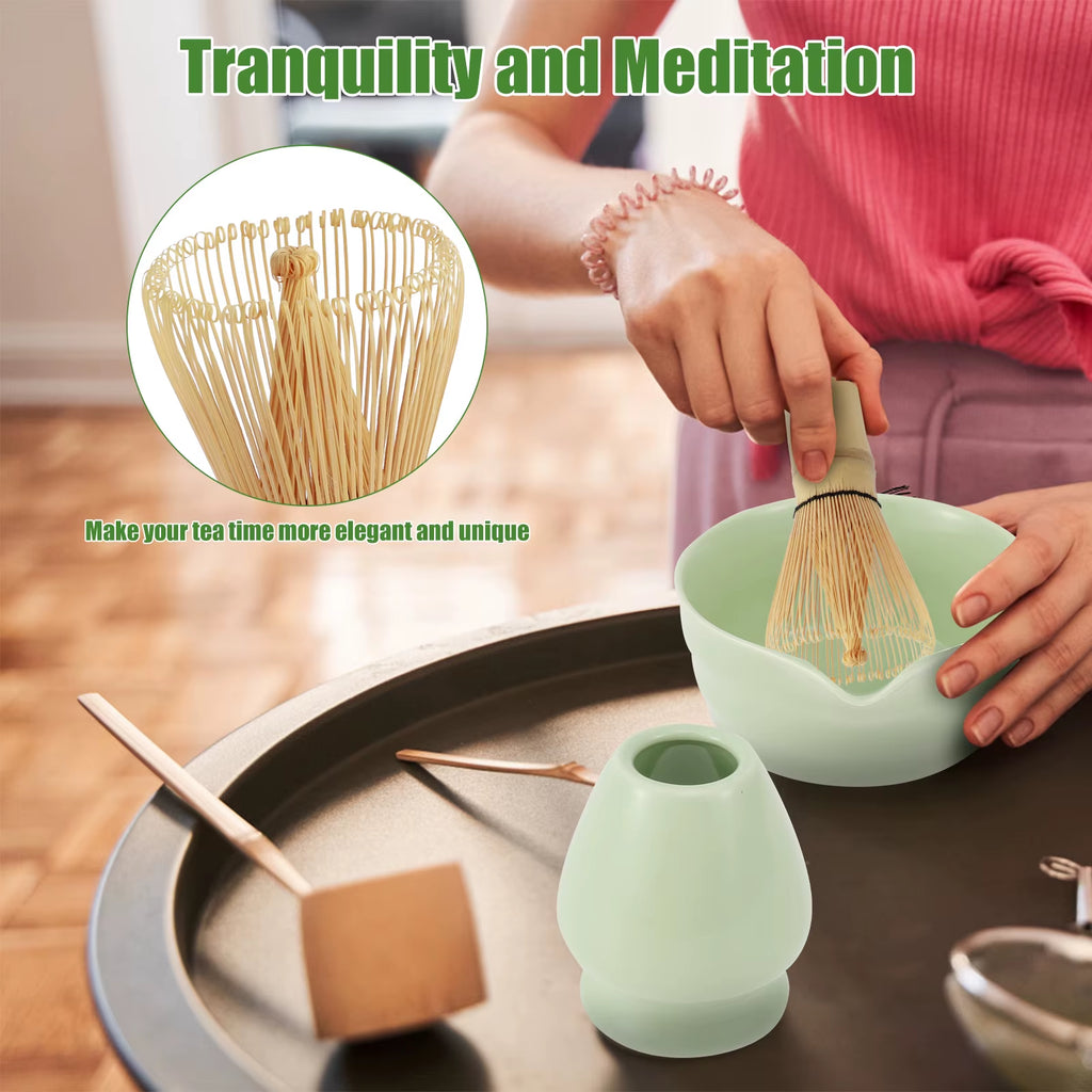 4Pcs Japanese Matcha Set with Ceramic Bowl Bamboo Matcha Whisk and Tea Scoop for Tea Lovers Gifts Tea-Making Tools Accessories