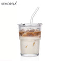 380ml Stripe Glass Cup with Lid and Straw - Transparent Drinkware for Ice Coffee, Tea, Juice, Milk, and Water (Set of 1 or 2)