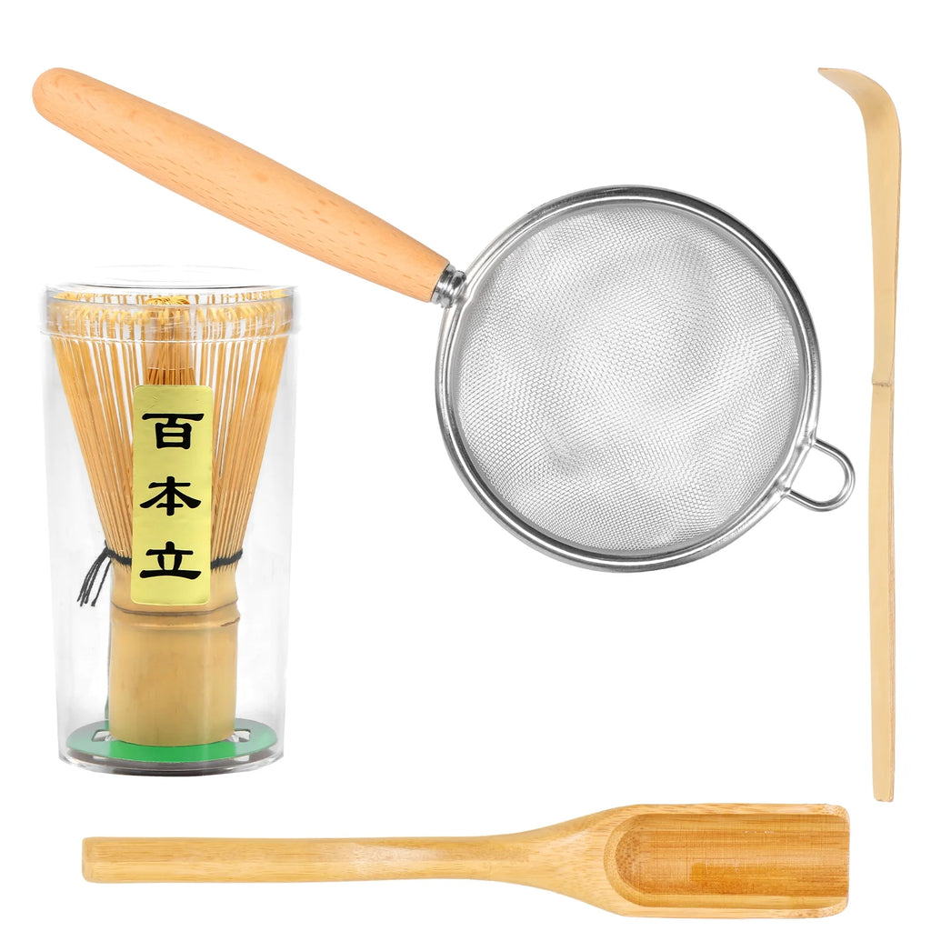 4Pcs Matcha Whisk Set Portable Matcha Tea Set Reusable Japanese Whisk Set Handmade Wood Matcha Whisk Tea Scoop Matcha Scoop Stainless Steel Tea Strainer for Tea Lovers Beginners