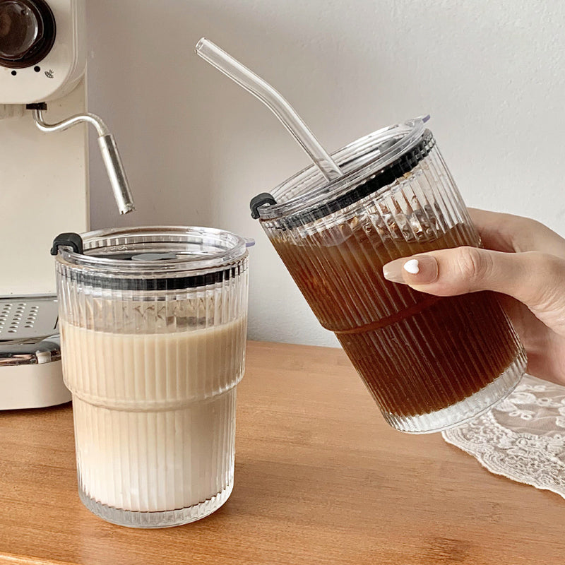 Wind Stripe Glass Coffee Mug with Straw and Lid