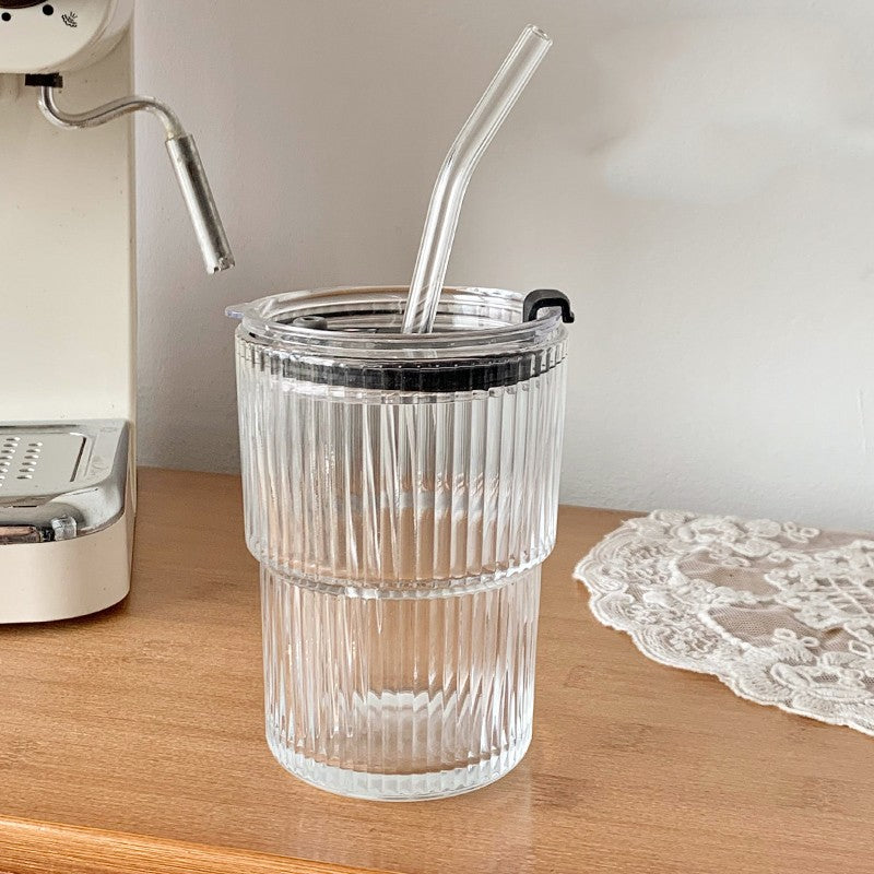 Wind Stripe Glass Coffee Mug with Straw and Lid