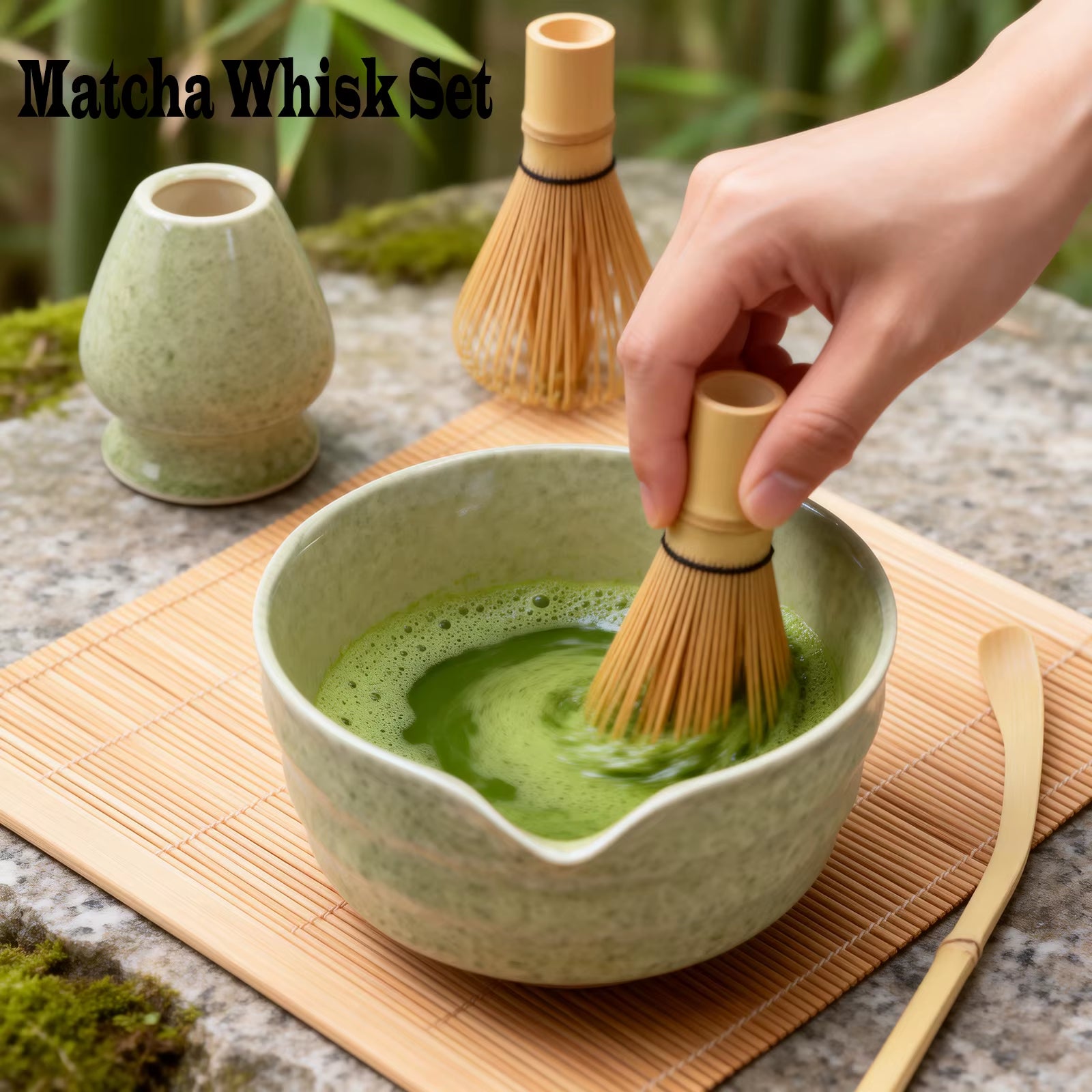 4Pcs Japanese Matcha Set with Ceramic Bowl Bamboo Matcha Whisk and Tea Scoop for Tea Lovers Gifts Tea-Making Tools Accessories