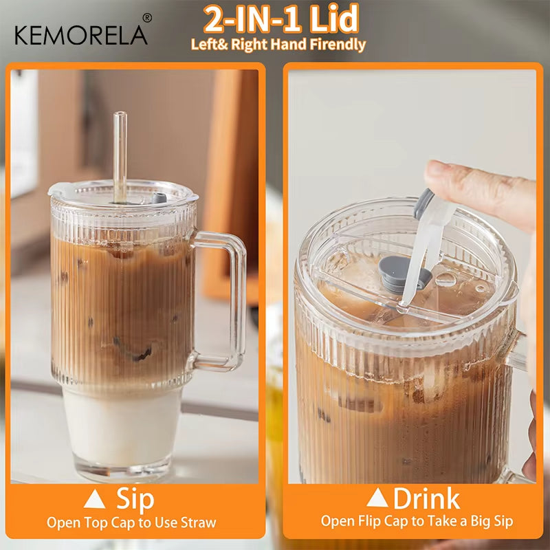 700ML Transparent Stripe Glass Coffee Mug with Lid, Straw, and Handle for Iced Beverages and Juices