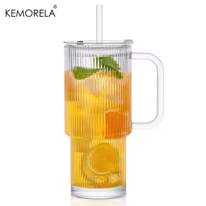 700ML Transparent Stripe Glass Coffee Mug with Lid, Straw, and Handle for Iced Beverages and Juices