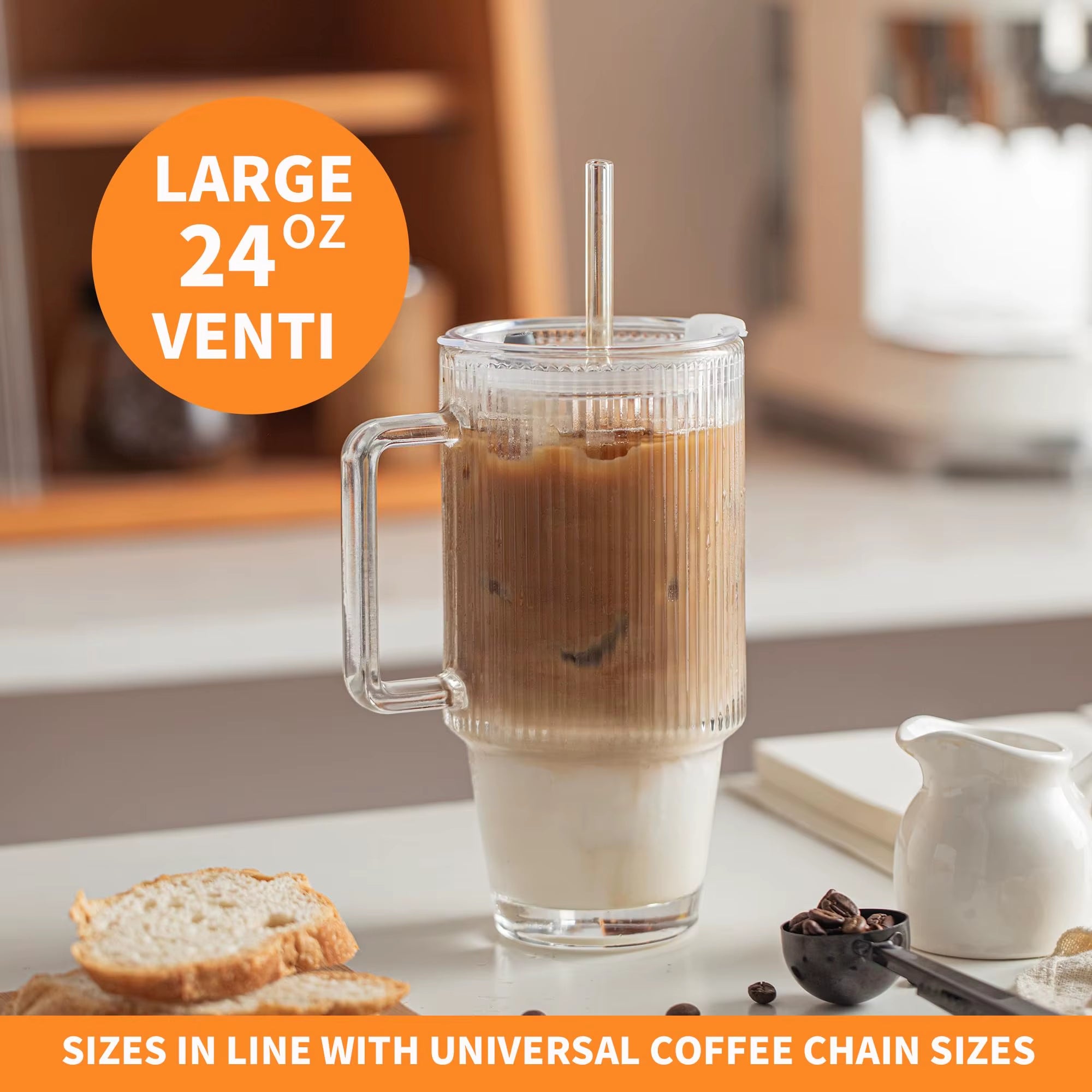 700ML Transparent Stripe Glass Coffee Mug with Lid, Straw, and Handle for Iced Beverages and Juices