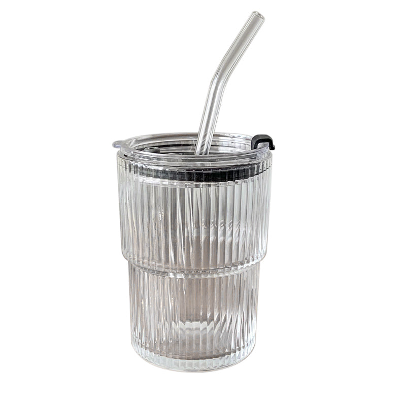 Wind Stripe Glass Coffee Mug with Straw and Lid