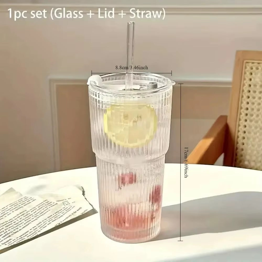 600ml Transparent Stripe Glass Cup with Lid and Straw - Ideal for Juice, Water, and Iced Coffee