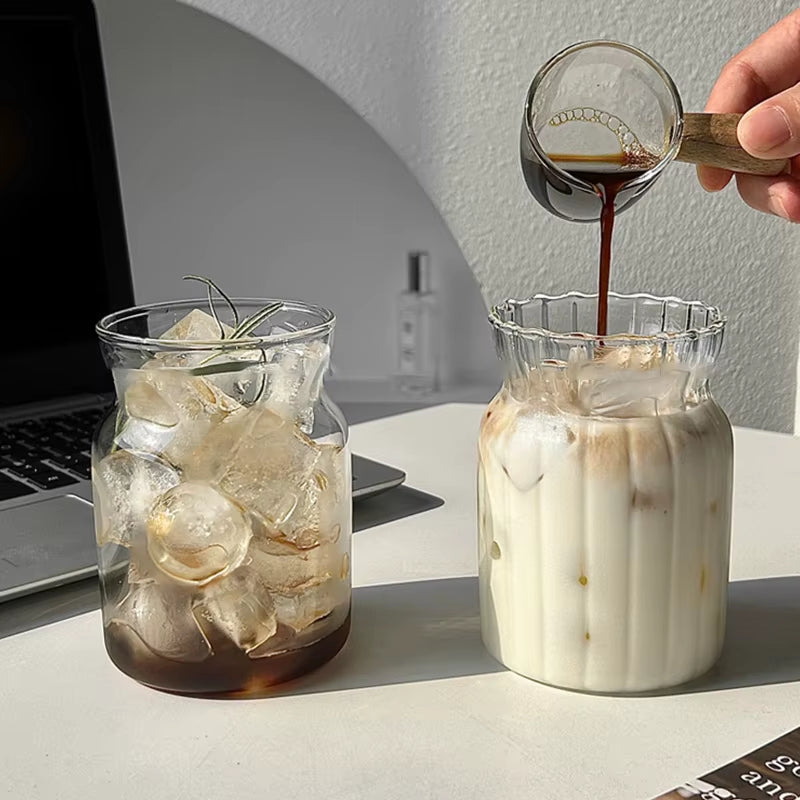 Elegant Glass Drinkware for Cold Beverages - Latte Cups, Iced Water Bottles, and Wine Cocktail Glasses