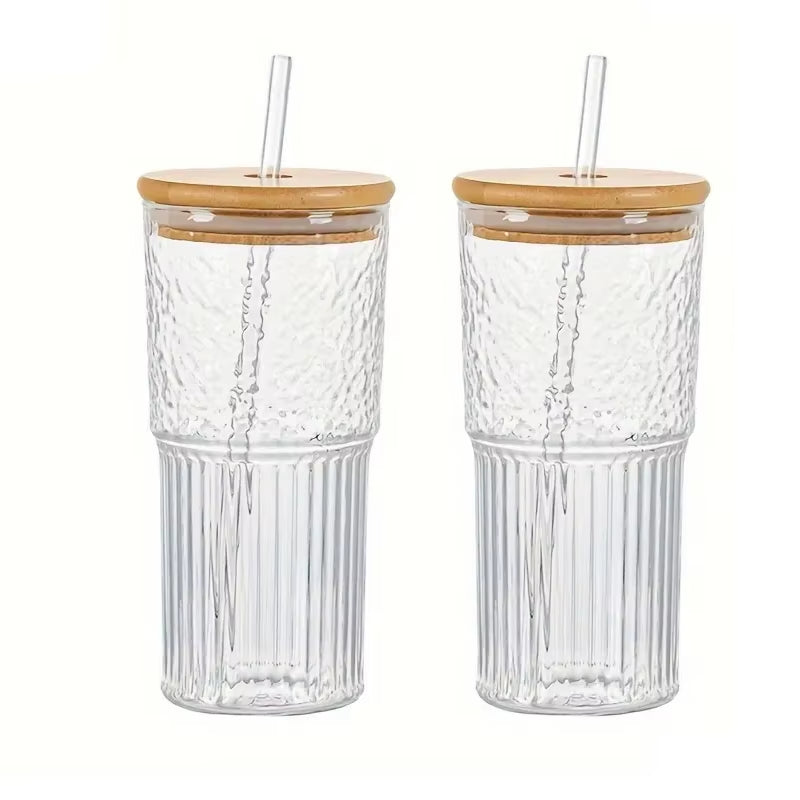  Ribbed Glassware Glass Cup 500Ml with Lid and Straw Drinking Glasses Cocktail Beer Iced Coffee Mug Juice Tea Cup Water Cups