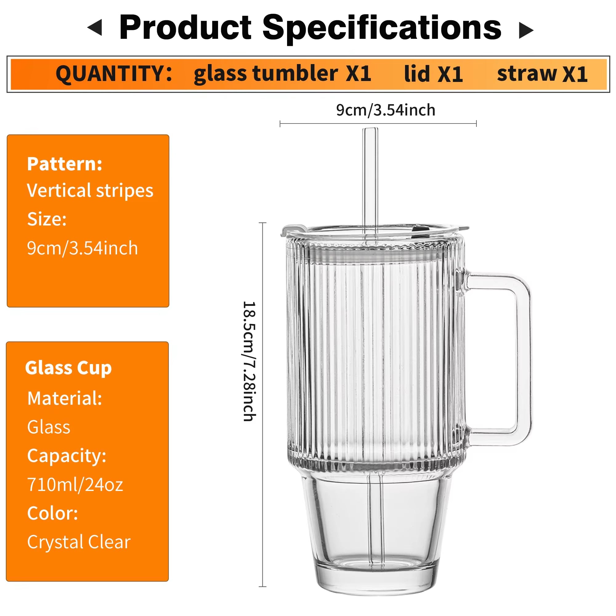 700ML Transparent Stripe Glass Coffee Mug with Lid, Straw, and Handle for Iced Beverages and Juices