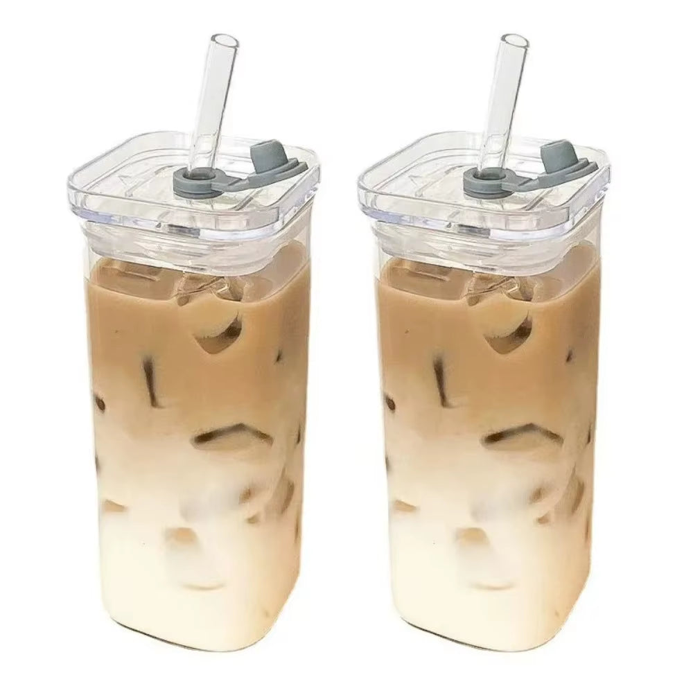 Square Heat-Resistant Transparent Glass Coffee Cup with Lid and Straw - Ideal for Milk Tea, Juice, and Home Bar Drinkware