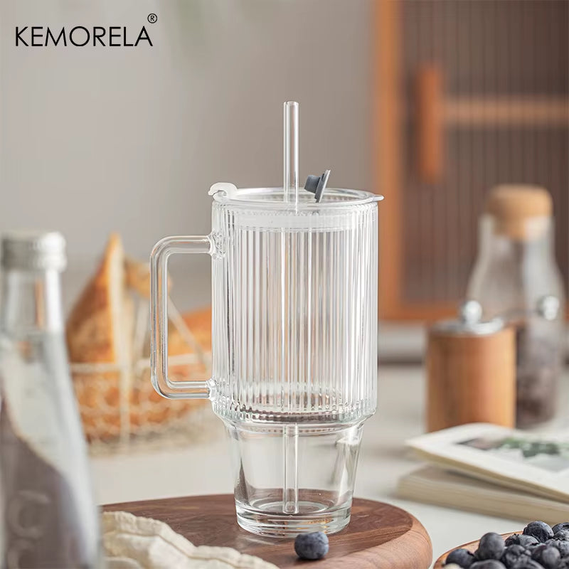 700ML Transparent Stripe Glass Coffee Mug with Lid, Straw, and Handle for Iced Beverages and Juices