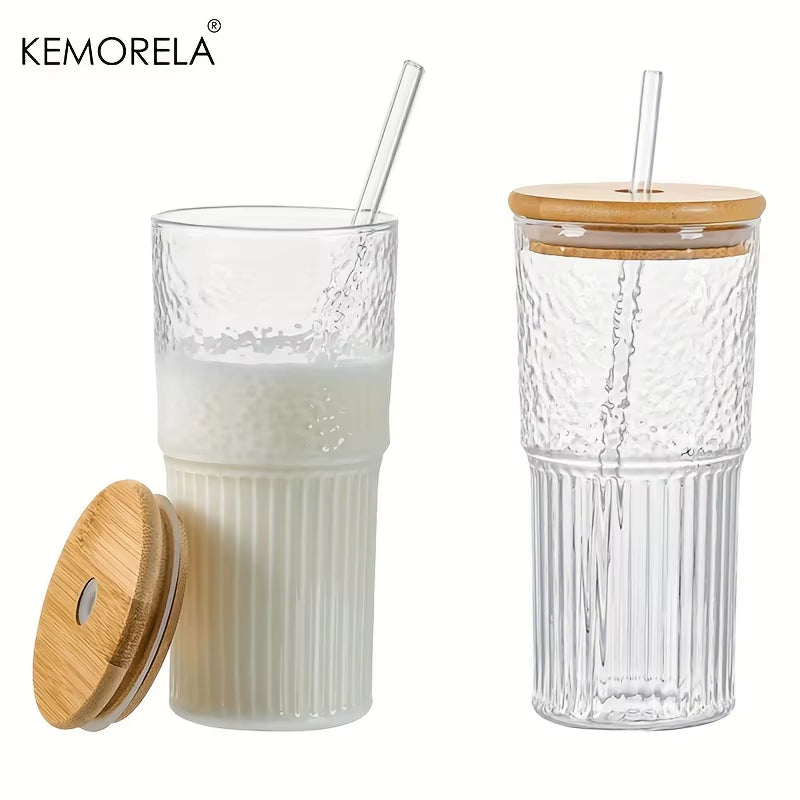  Ribbed Glassware Glass Cup 500Ml with Lid and Straw Drinking Glasses Cocktail Beer Iced Coffee Mug Juice Tea Cup Water Cups