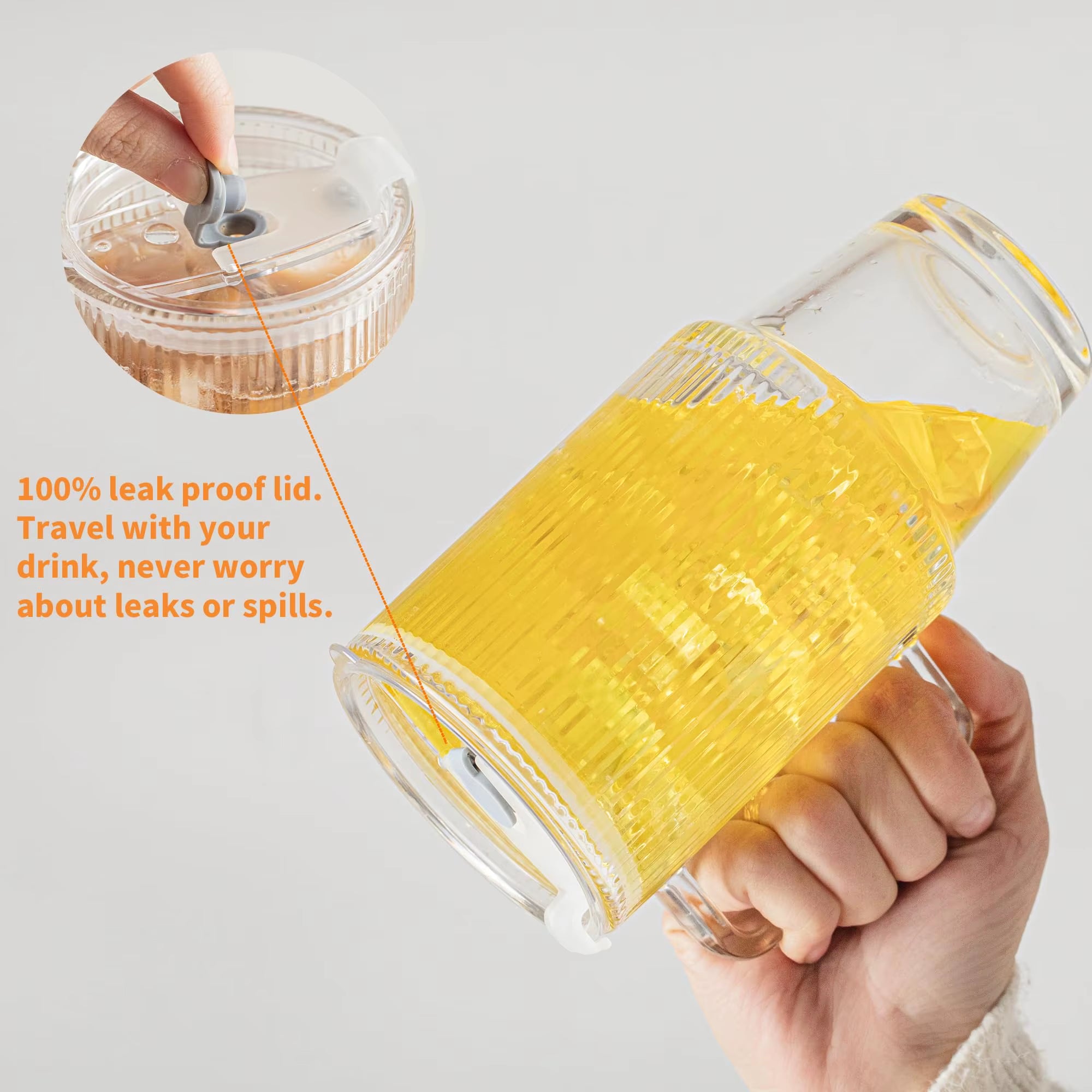 700ML Transparent Stripe Glass Coffee Mug with Lid, Straw, and Handle for Iced Beverages and Juices