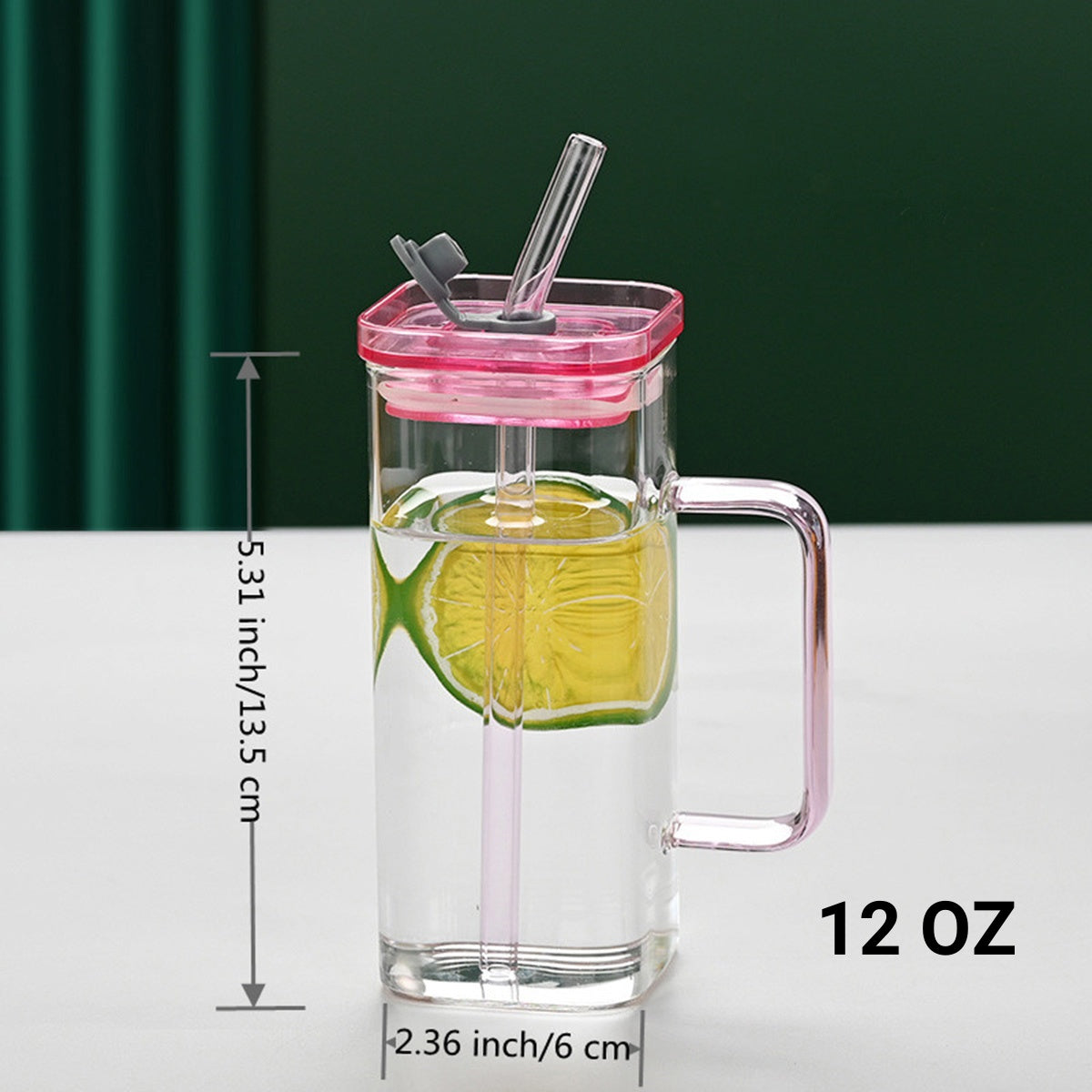 Green Glass Straw Cup - Set of 6 Colorful Square High Borosilicate Glass Cups with Straw and Lid for Milk, Juice, Cold Drinks, Coffee, Tea, and Office Use - Ideal Gift Option