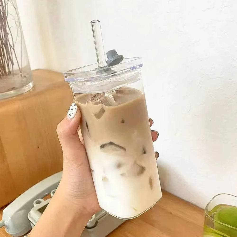 Square Heat-Resistant Transparent Glass Coffee Cup with Lid and Straw - Ideal for Milk Tea, Juice, and Home Bar Drinkware