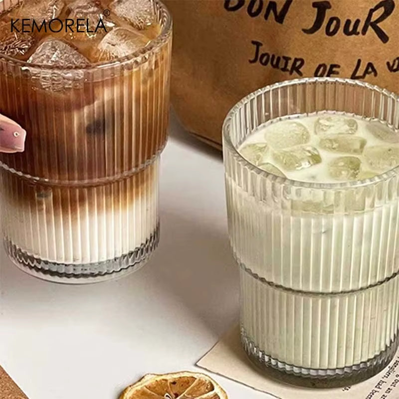 380ml Stripe Glass Cup with Lid and Straw - Transparent Drinkware for Ice Coffee, Tea, Juice, Milk, and Water (Set of 1 or 2)