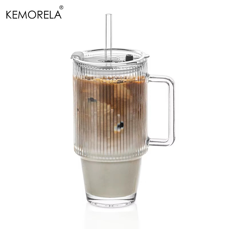 700ML Transparent Stripe Glass Coffee Mug with Lid, Straw, and Handle for Iced Beverages and Juices