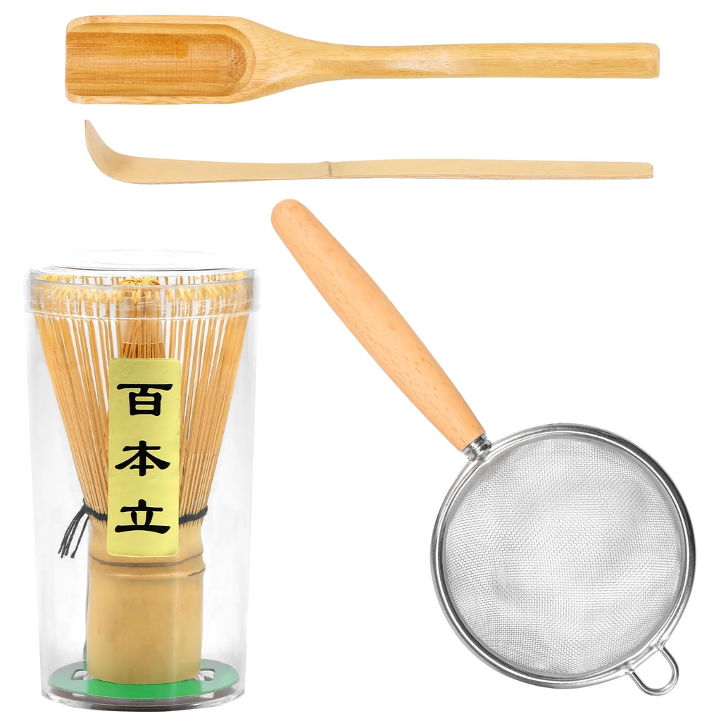 4Pcs Matcha Whisk Set Portable Matcha Tea Set Reusable Japanese Whisk Set Handmade Wood Matcha Whisk Tea Scoop Matcha Scoop Stainless Steel Tea Strainer for Tea Lovers Beginners