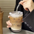 600ml Transparent Stripe Glass Cup with Lid and Straw - Ideal for Juice, Water, and Iced Coffee