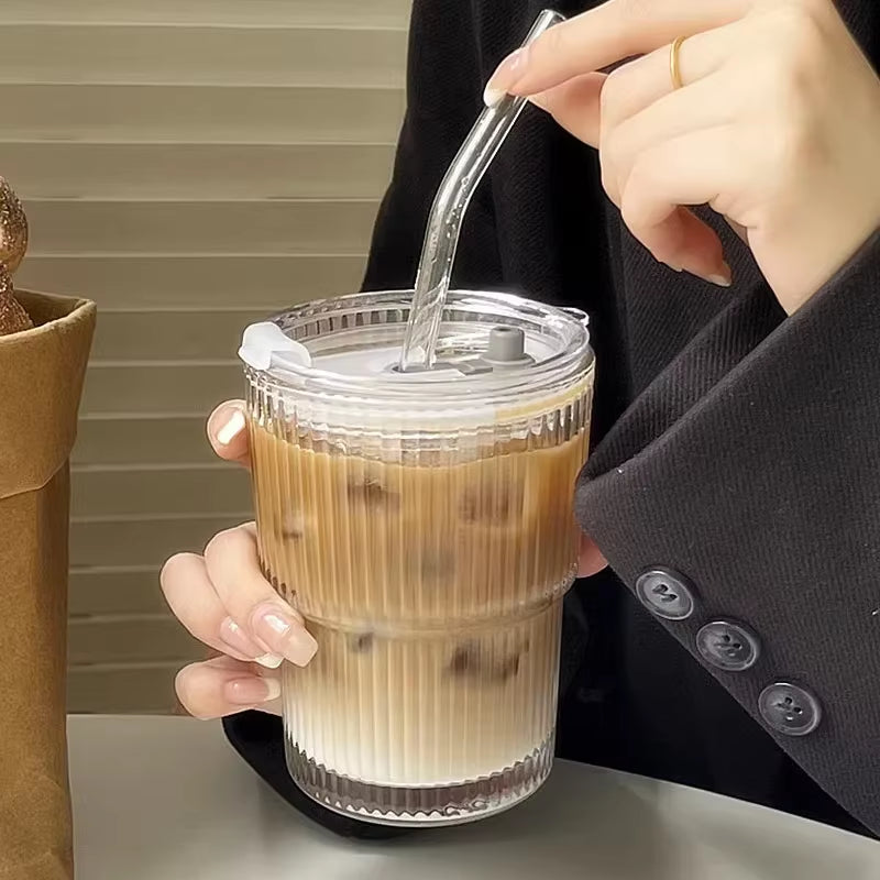 600ml Transparent Stripe Glass Cup with Lid and Straw - Ideal for Juice, Water, and Iced Coffee