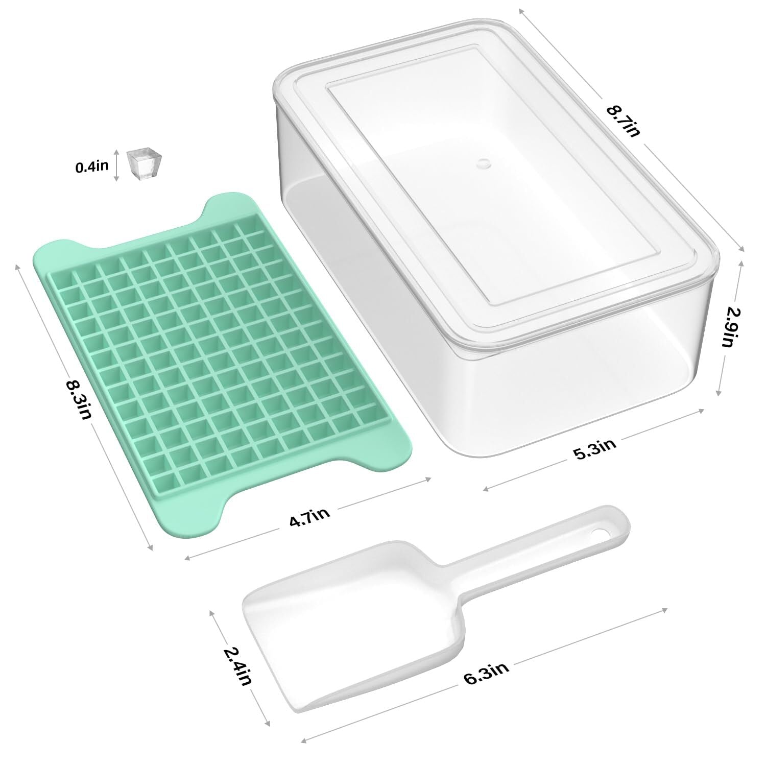 4 Pack Mini Ice Cube Tray with Bin Ice Container and Scoop for Freezer