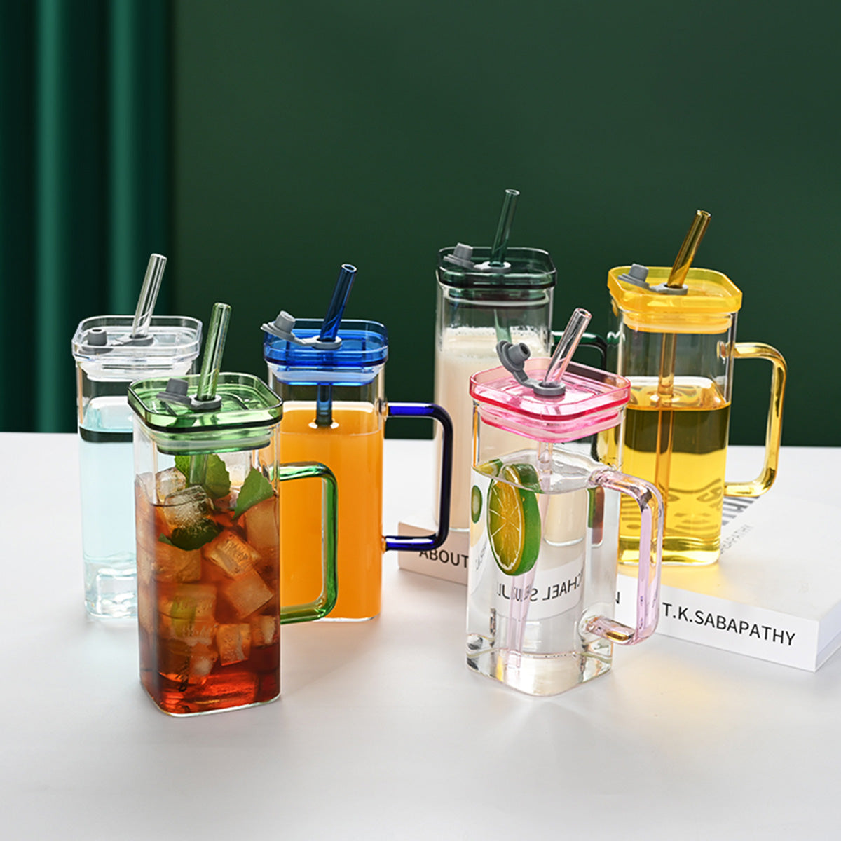Green Glass Straw Cup - Set of 6 Colorful Square High Borosilicate Glass Cups with Straw and Lid for Milk, Juice, Cold Drinks, Coffee, Tea, and Office Use - Ideal Gift Option