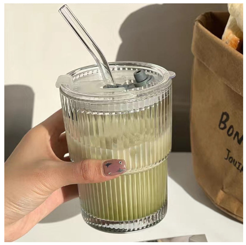 Wind Stripe Glass Coffee Mug with Straw and Lid