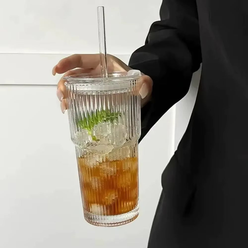 600ml Transparent Stripe Glass Cup with Lid and Straw - Ideal for Juice, Water, and Iced Coffee
