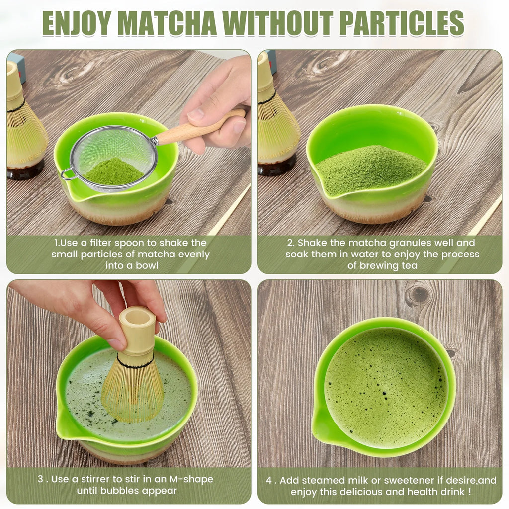 4Pcs Matcha Whisk Set Portable Matcha Tea Set Reusable Japanese Whisk Set Handmade Wood Matcha Whisk Tea Scoop Matcha Scoop Stainless Steel Tea Strainer for Tea Lovers Beginners